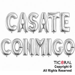 SET DE GLOBOS METALIZADO FRASE CASATE CONMIGO PLATA 13 UNIDADES
